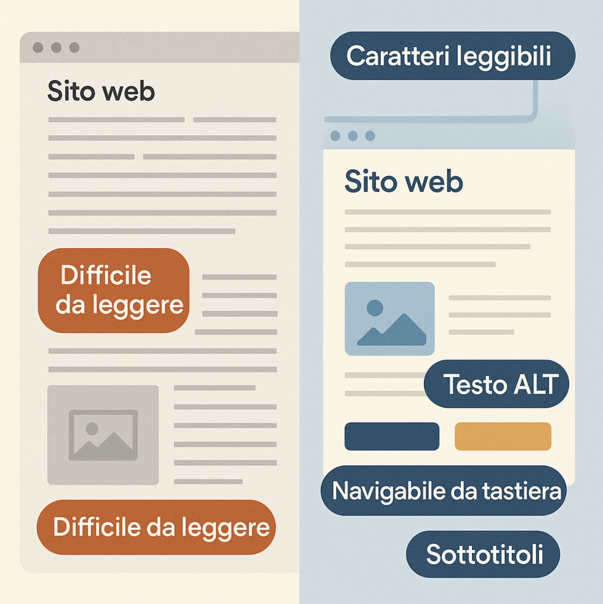 Esempio di sito web difficile da leggere accanto a un sito accessibile, con evidenza su caratteri leggibili, testo ALT, navigazione da tastiera e sottotitoli.