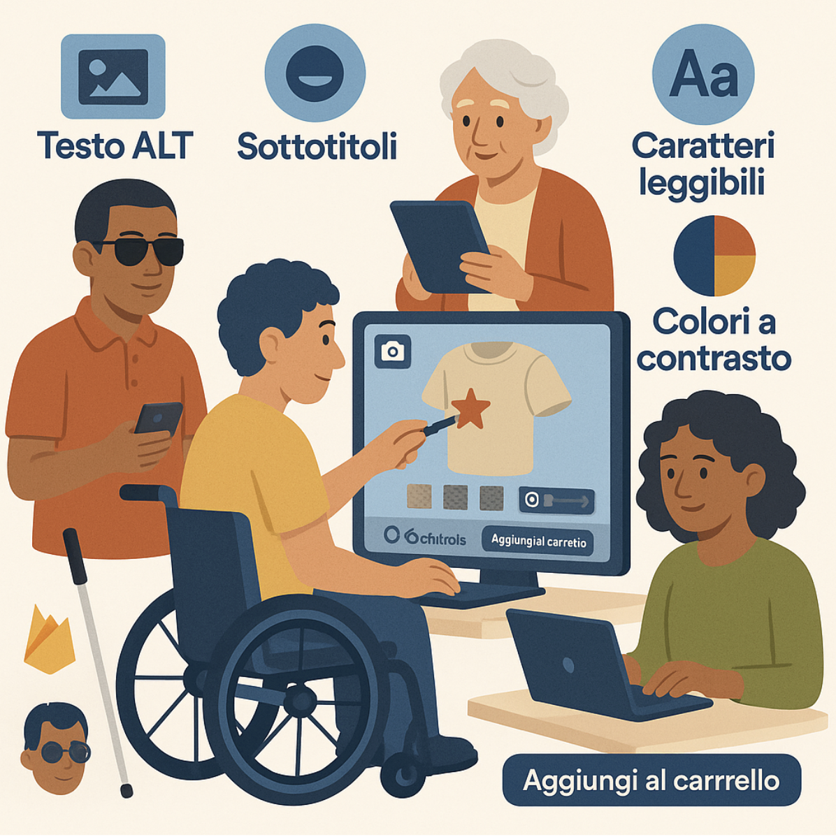 Persone con disabilità che usano tecnologie assistive su un sito accessibile: lettore di schermo, sedia a rotelle, caratteri leggibili, colori a contrasto, sottotitoli e testo alternativo.