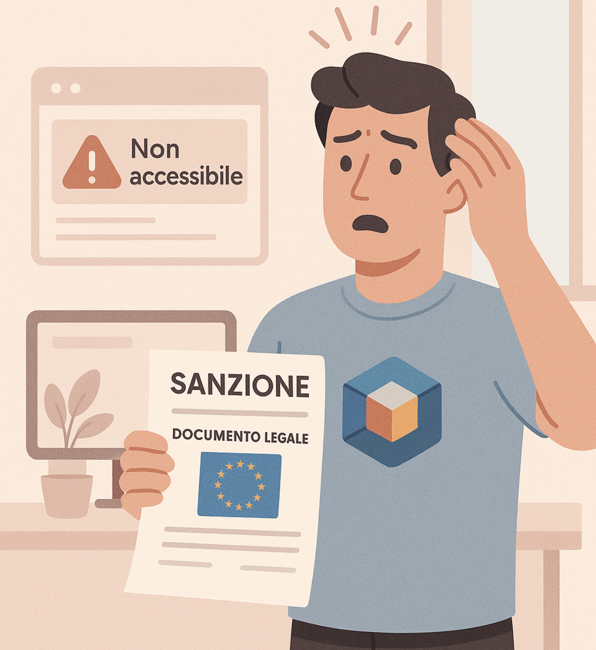 Uomo preoccupato riceve una sanzione europea per sito web non accessibile.